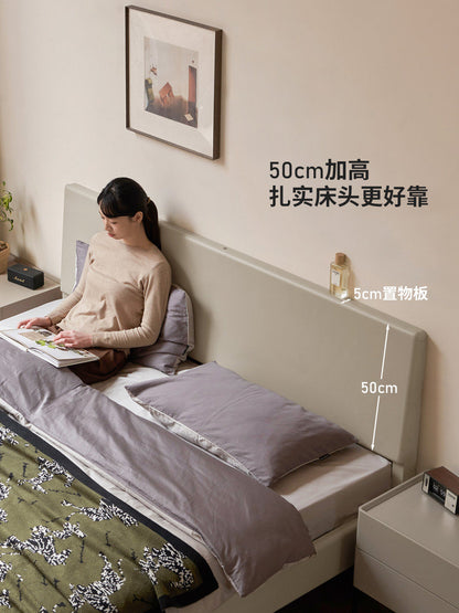 实木床现代简约卧室悬浮床带灯大板床灰色1米8双人床