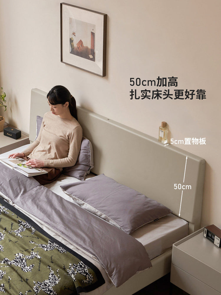 实木床现代简约卧室悬浮床带灯大板床灰色1米8双人床