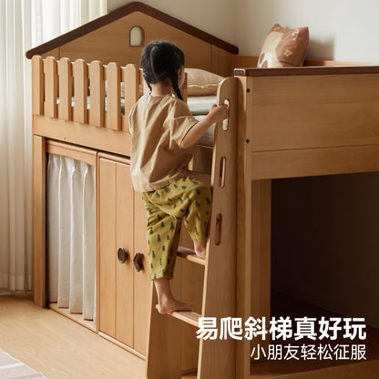 实木原木风儿童床树屋上下床半高床成人上床下桌高低床