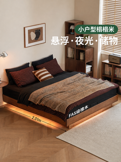 实木床现代简约储物榻榻米橡木悬浮床卧室带灯箱体床