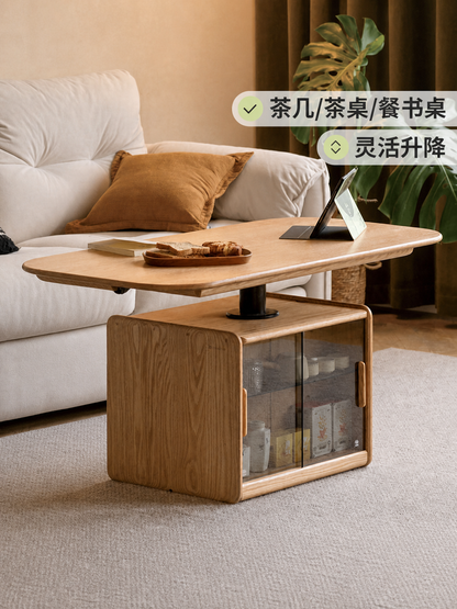 实木升降茶几餐桌两用橡木客厅茶桌现代简约储物茶台