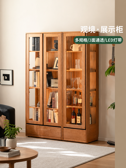 实木书柜书房樱桃木展示柜玻璃收纳柜置物柜落地书橱