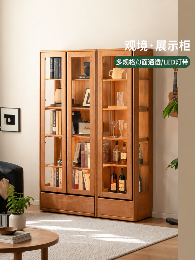 实木书柜书房樱桃木展示柜玻璃收纳柜置物柜落地书橱