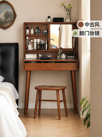 实木化妆桌法式复古带妆镜梳妆台卧室小型中古收纳桌子