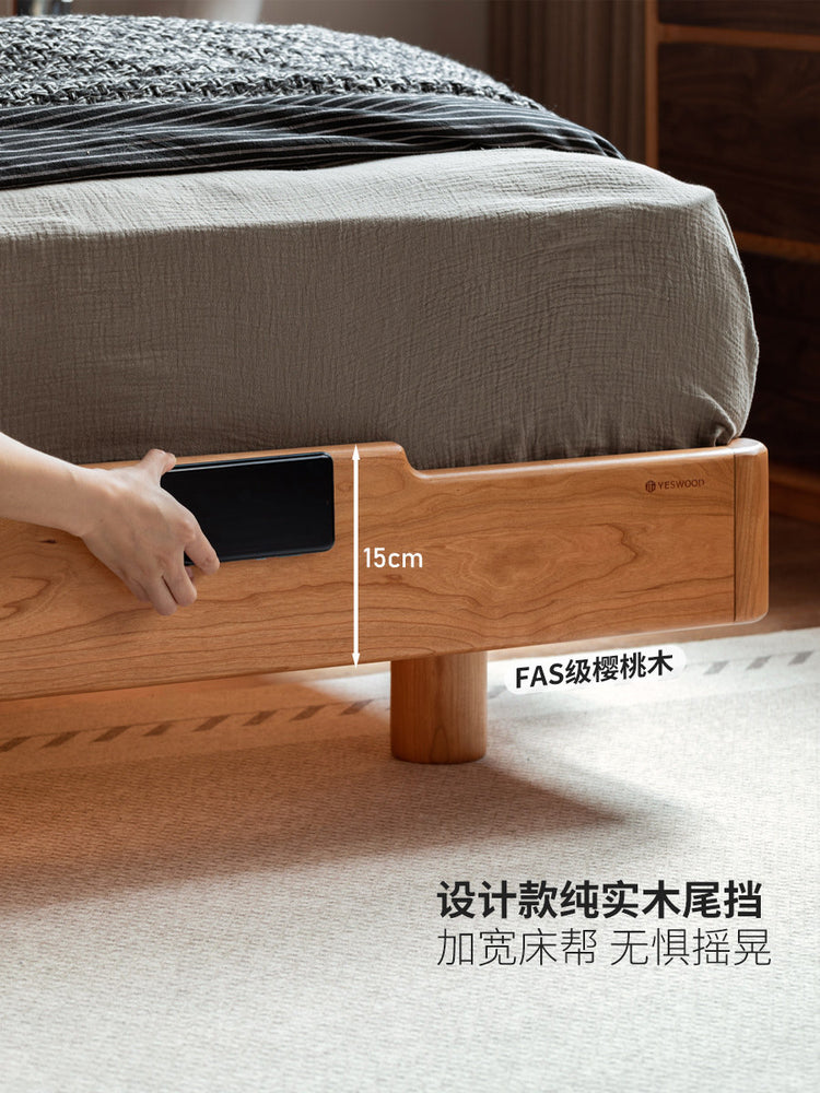 实木床中古风樱桃木齐边悬浮床现代简约主卧双人床夜光床