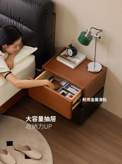 实木床头柜拼色中古床边柜卧室复古储物柜橡木带锁床尾柜