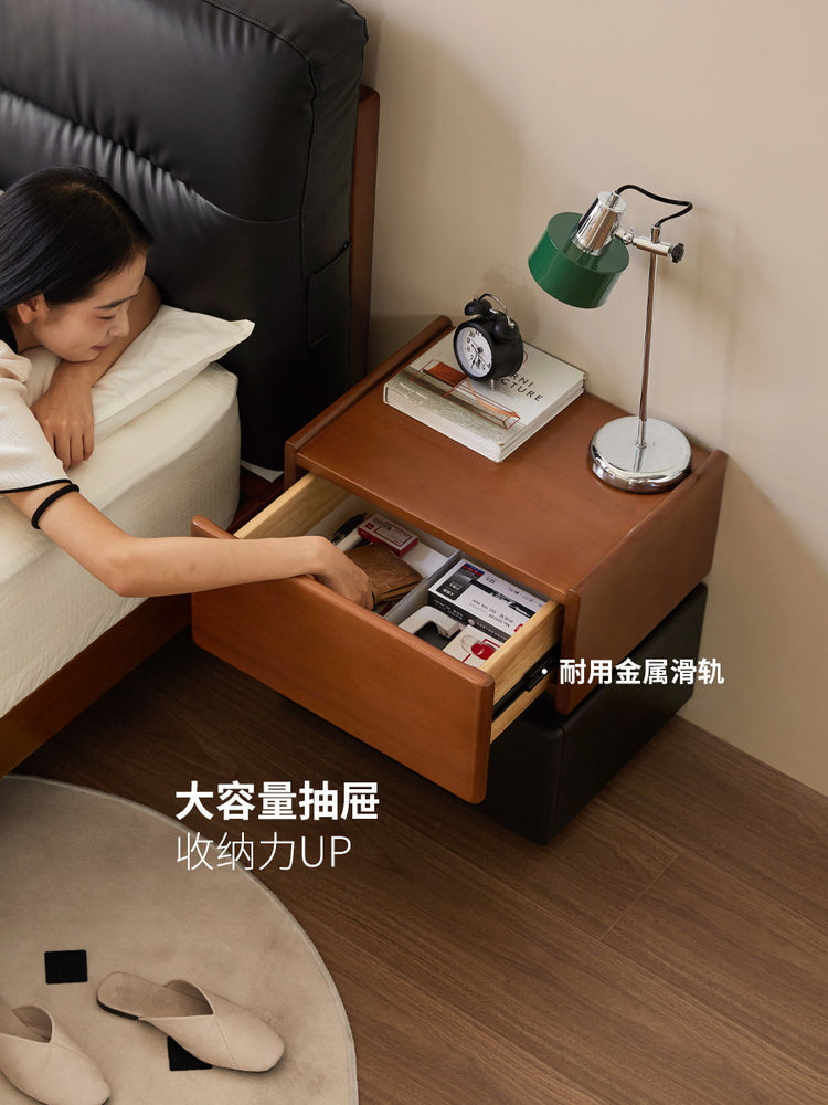 实木床头柜拼色中古床边柜卧室复古储物柜橡木带锁床尾柜