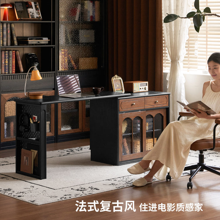 实木书桌法式复古黑色伸缩化妆桌书房橡木转角办公桌