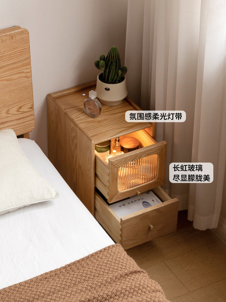 实木床头柜卧室带灯床边柜橡木原木风小柜子储物柜