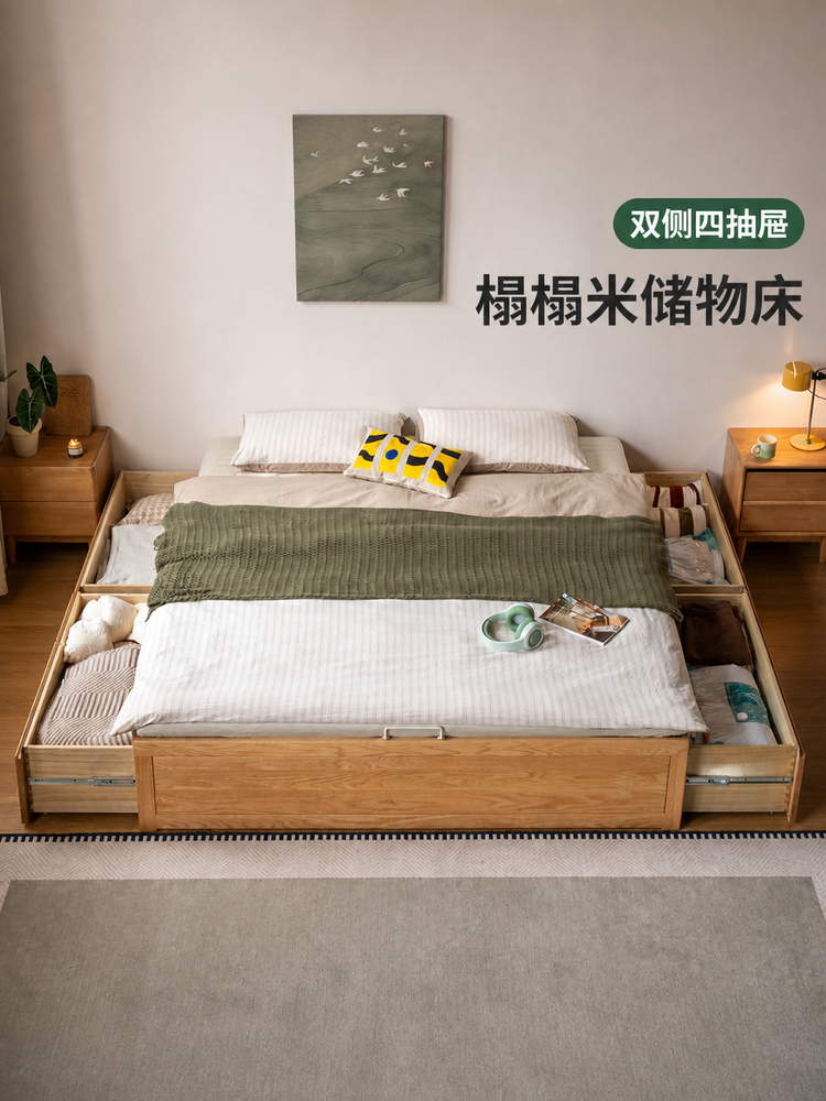 实木床现代简约储物抽屉床卧室榻榻米床橡木齐边床