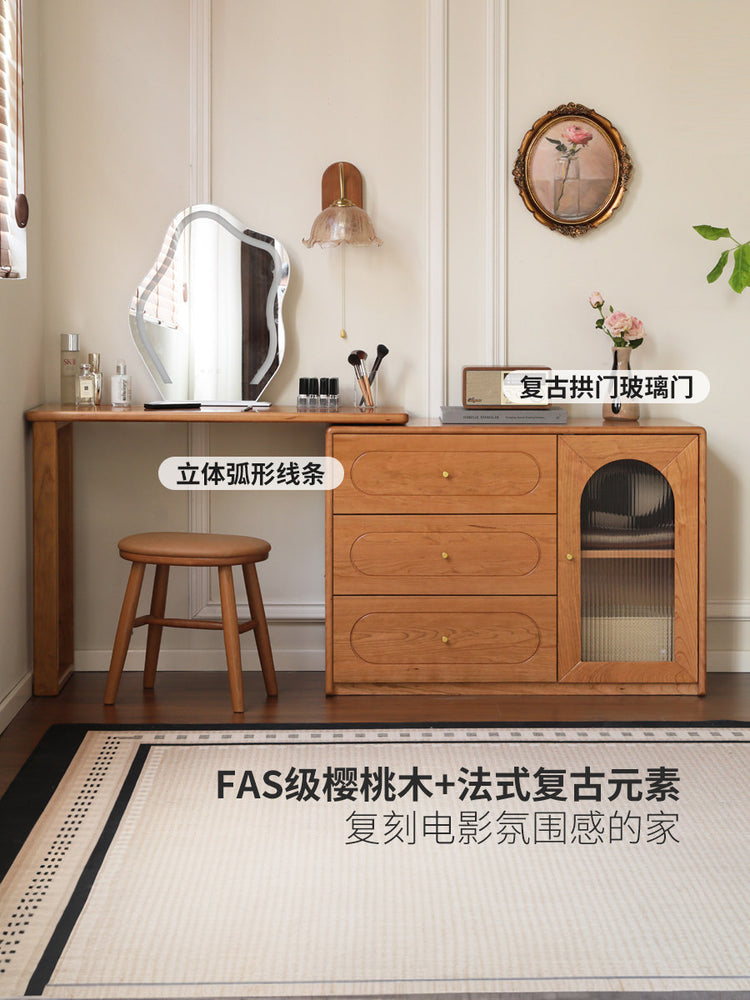 实木梳妆台斗柜一体卧室樱桃木伸缩化妆桌法式复古化妆台