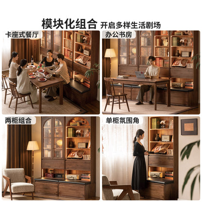 实木书柜卡座一体黑胡桃木展示柜书房法式复古落地储物柜