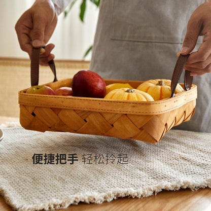 手工木片编织篮日式蔬菜水果篮双耳手提面包篮杂物收纳筐