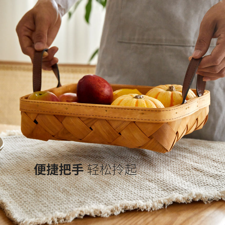 手工木片编织篮日式蔬菜水果篮双耳手提面包篮杂物收纳筐