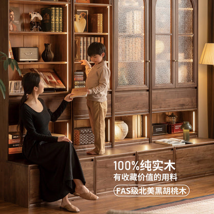 实木书柜卡座一体黑胡桃木展示柜书房法式复古落地储物柜