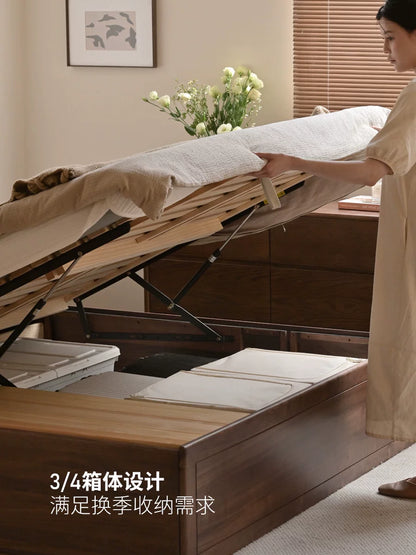 实木床简约黑胡桃木抽屉箱体床卧室复古原木储物双人床
