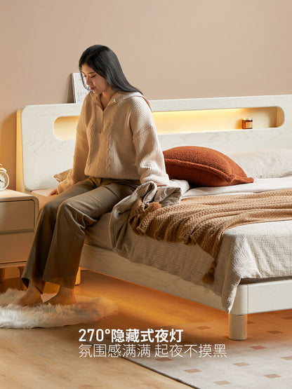 实木床双人床置物床橡木带插座悬浮床现代简约白色夜光床