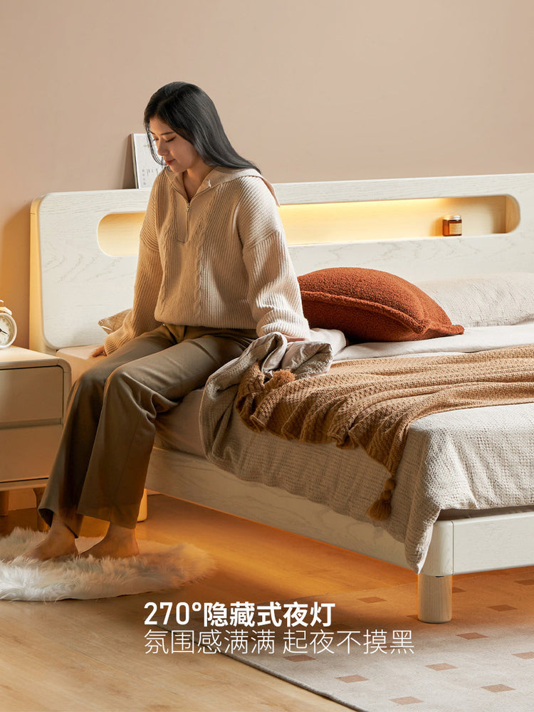 实木床双人床置物床橡木带插座悬浮床现代简约白色夜光床