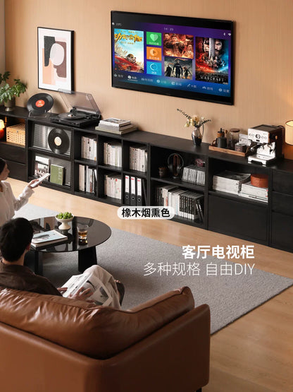 实木书柜现代简约橡木书架置物柜黑色落地组合柜子