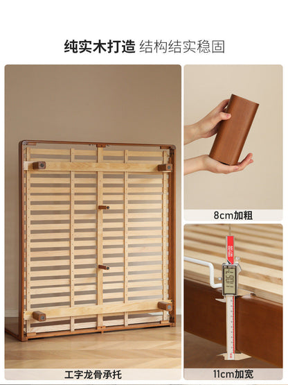 实木床卧室双人床简约悬浮床中古大板床小户型复古齐边床