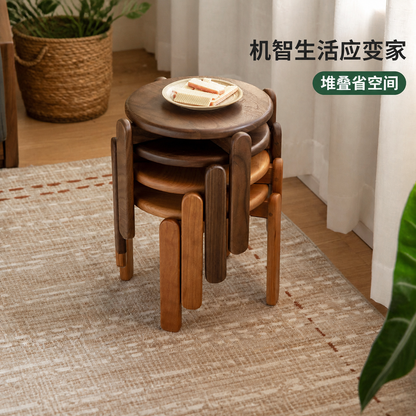 实木堆叠凳餐厅黑胡桃木圆凳小户型矮凳简约原木凳子