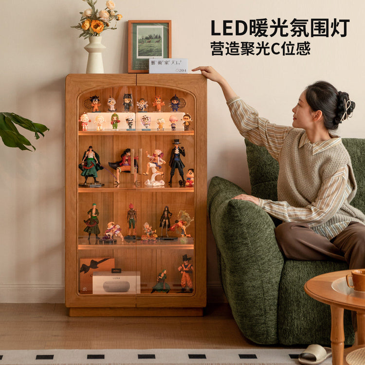 实木边柜客厅樱桃木落地柜复古靠墙置物柜带灯展示柜