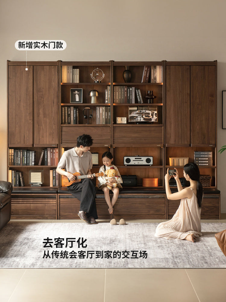 实木书柜储物柜一体整墙黑胡桃木落地展示柜书房置物柜