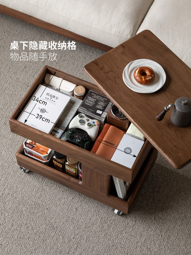 [20-Day Pre-order] Solid Wood Liftable and Rotatable Coffee Table, Black Walnut Side Table, Movable Small Trolley for Living Room