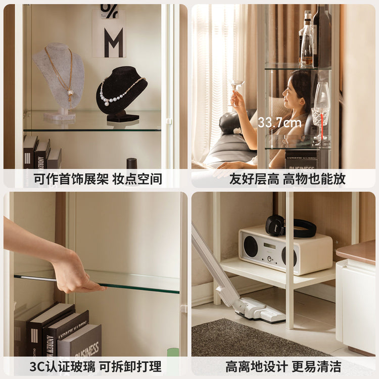 书柜奶油风白色展示柜小户型书房置物柜玻璃收纳柜