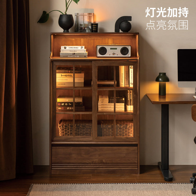 实木书柜黑胡桃木储物柜书房带灯展示柜小户型收纳柜