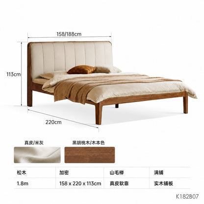 实木床真皮软包床简约黑胡桃木双人床卧室带插座1.8大床