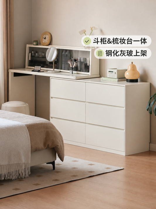全实木化妆桌白色奶油风伸缩梳妆台斗柜一体收纳柜化妆台