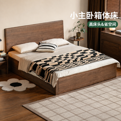 实木床现代简约大床卧室黑胡桃木储物床大容量箱体床