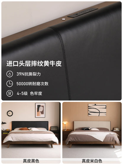 实木床现代简约黑胡桃真皮软包床卧室家具互不干扰双人床