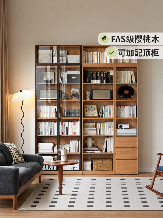 实木书柜落地展示柜书房樱桃木收纳柜现代简约置物柜