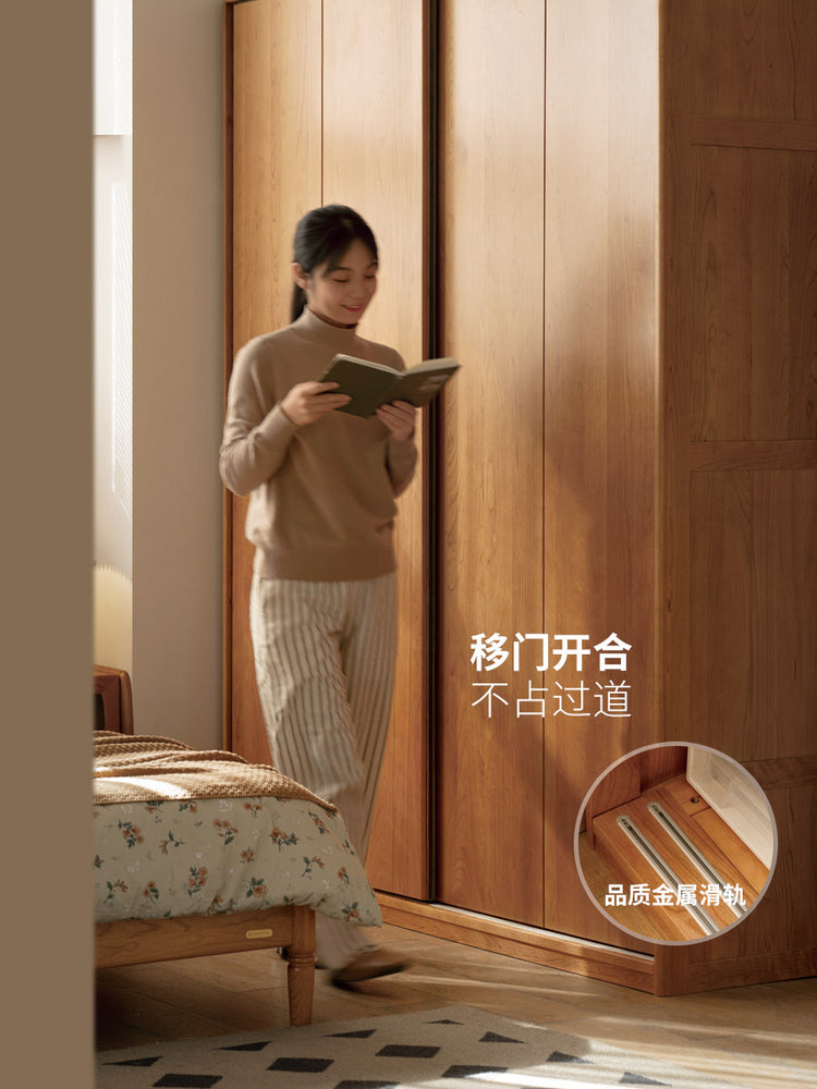 实木移门衣柜卧室推拉门大衣橱复古樱桃木滑门柜子