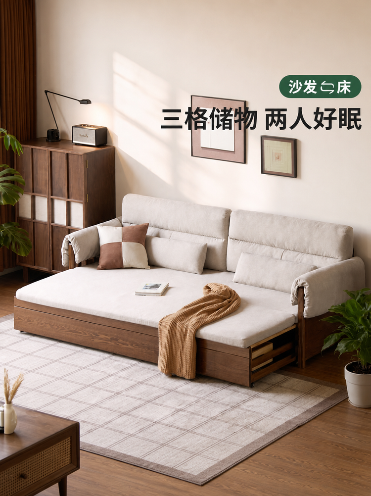 实木沙发床客厅现代简约坐卧坐卧两用橡木胡桃色储物沙发