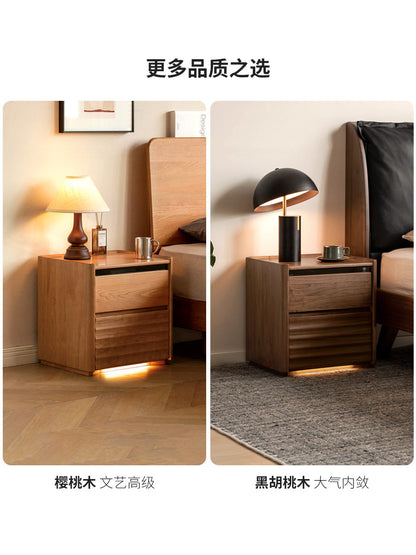 实木床头柜现代简约卧室收纳柜白蜡木黑标带灯储物柜