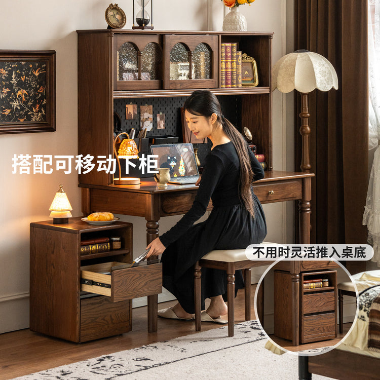 实木书桌书架一体法式复古书房收纳置物架黑胡桃木办公桌