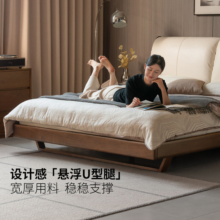 实木床意式轻奢真皮床卧室胡桃色软包床互不打扰大床
