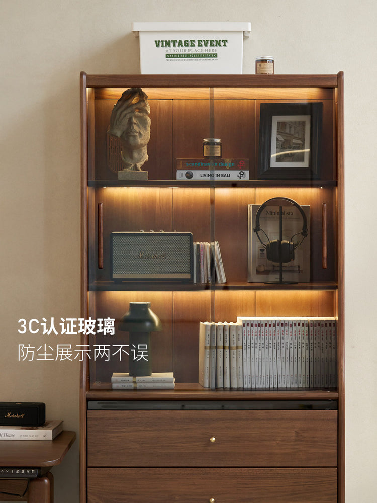 实木书柜轻奢黑胡桃木储物柜书房置物柜带灯展示柜