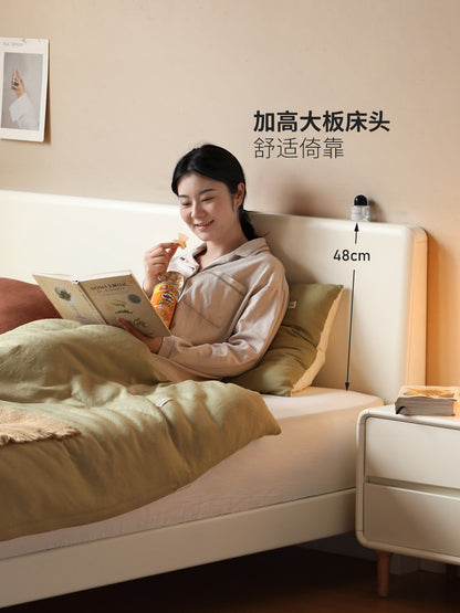 实木床卧室奶油风双人床简约大板床白色齐边悬浮大床