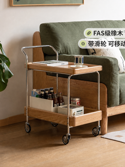实木边几现代简约双层收纳小茶几橡木小户型移动小推车