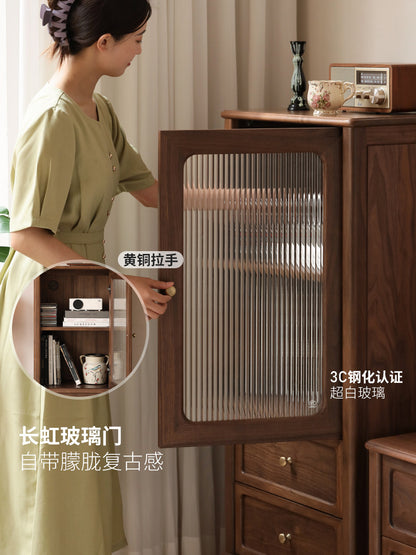 实木边柜客厅美式复古立柜置物柜黑胡桃木收纳储物柜