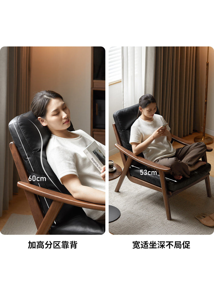 实木沙发椅客厅意式轻奢真皮单人椅阳台黑胡桃木休闲椅