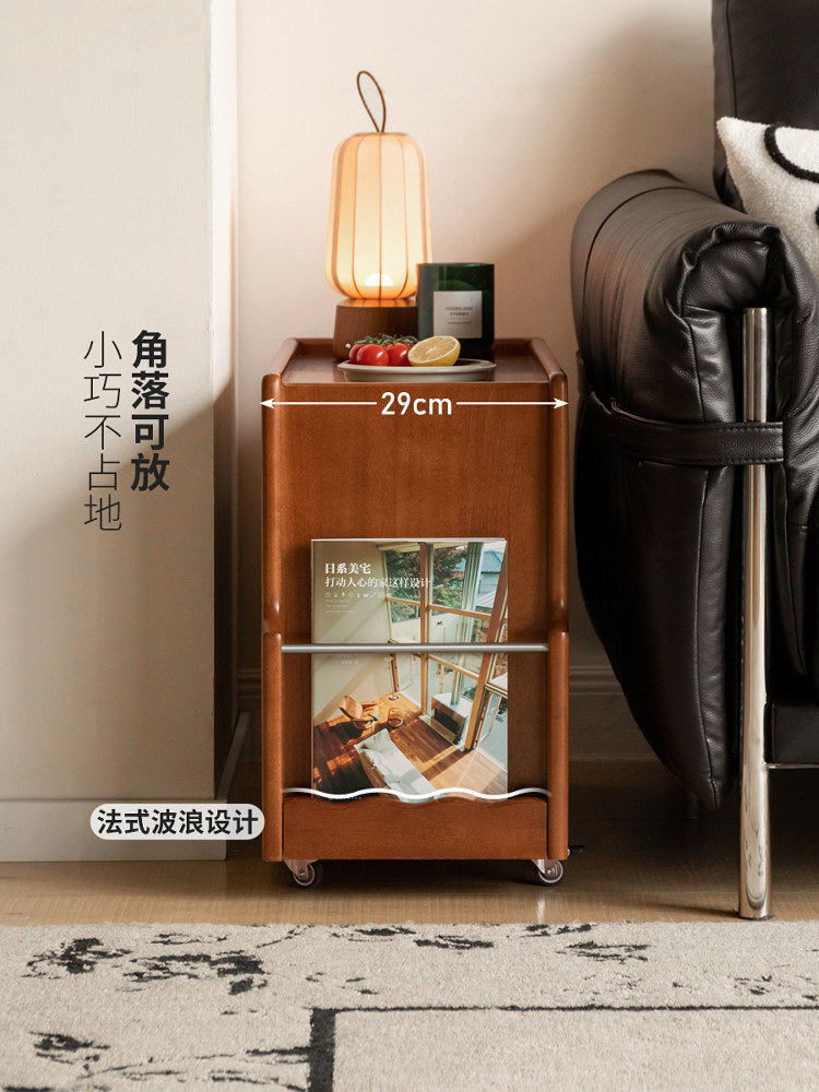 实木边几客厅中古风沙发边柜复古移动茶几收纳小推车