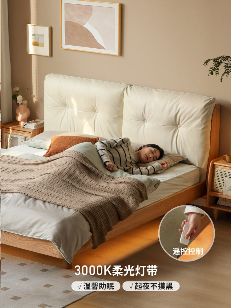 实木床双人床家居现代简约真皮软包床橡木原木悬浮床大床