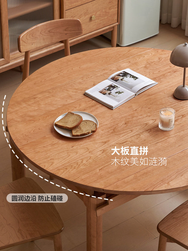 实木伸缩餐桌中古樱桃木圆桌吃饭桌子小户型折叠饭桌