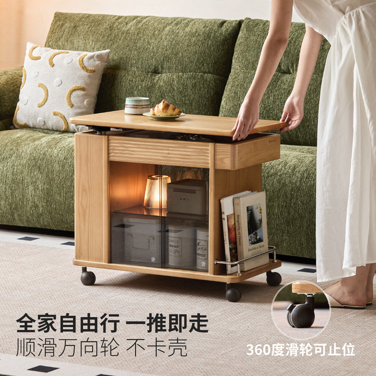 实木升边几客厅多功能收纳沙发边桌白蜡木小茶几移动推车