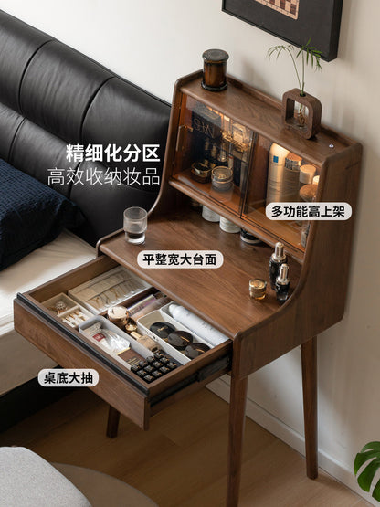 实木梳妆台书桌一体卧室黑胡桃木化妆桌小户型带灯化妆台